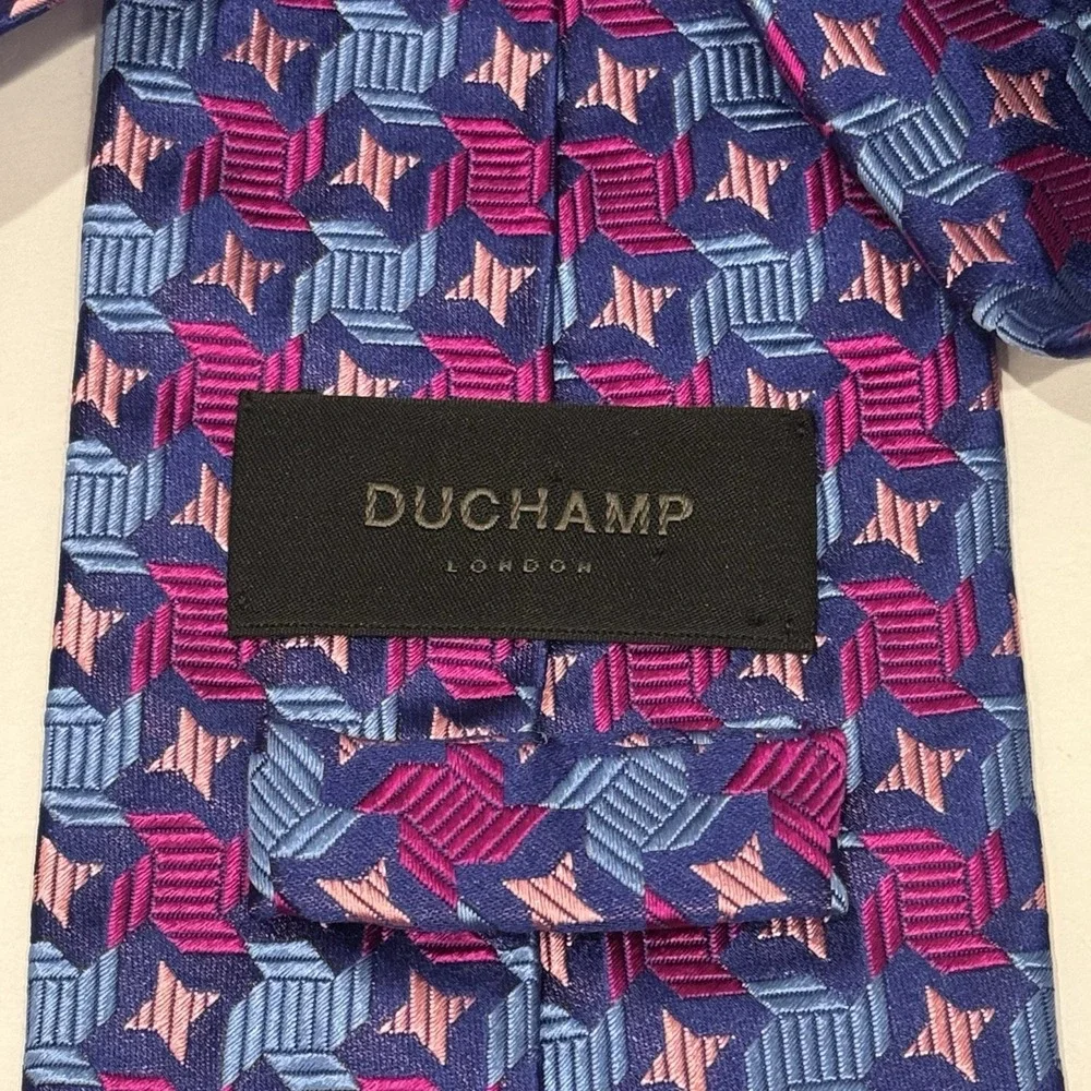 DUCHAMP London DL Luxury Necktie Tie Ties Mens Unisex SILK Pink Blue‎ Geometric
